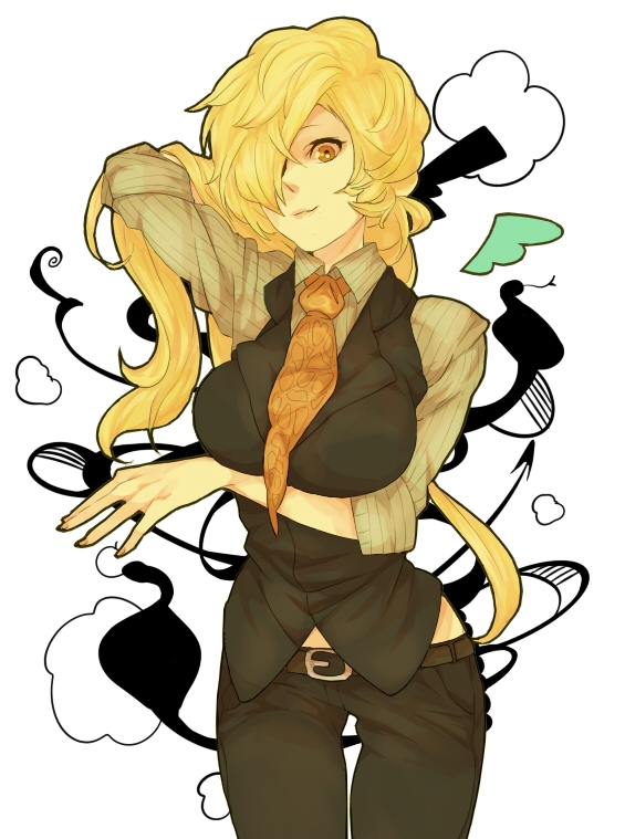 1girl, bad_id, bad_pixiv_id, belt, blonde_hair, character_request, female_focus, formal_clothes