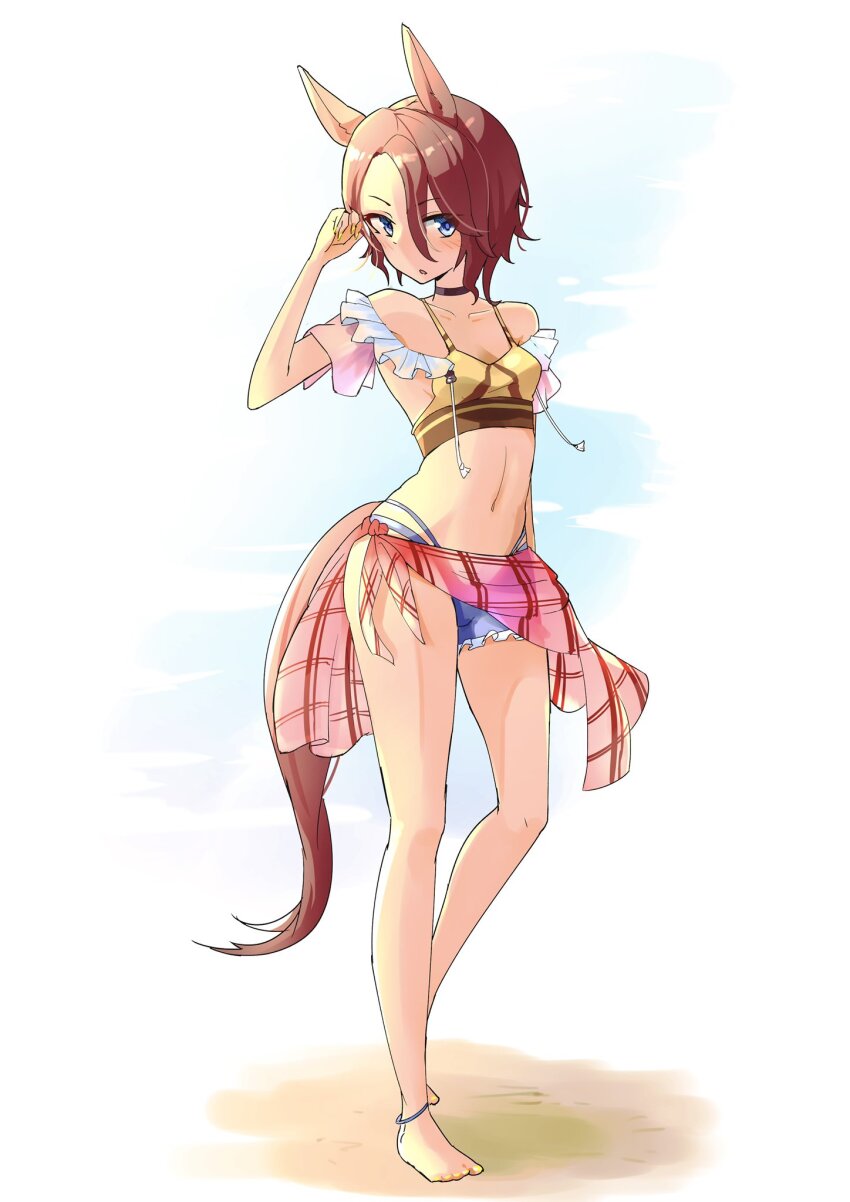 1girl, alternate_costume, animal_ears, bare_shoulders, barefoot, bikini, blue_eyes, breasts