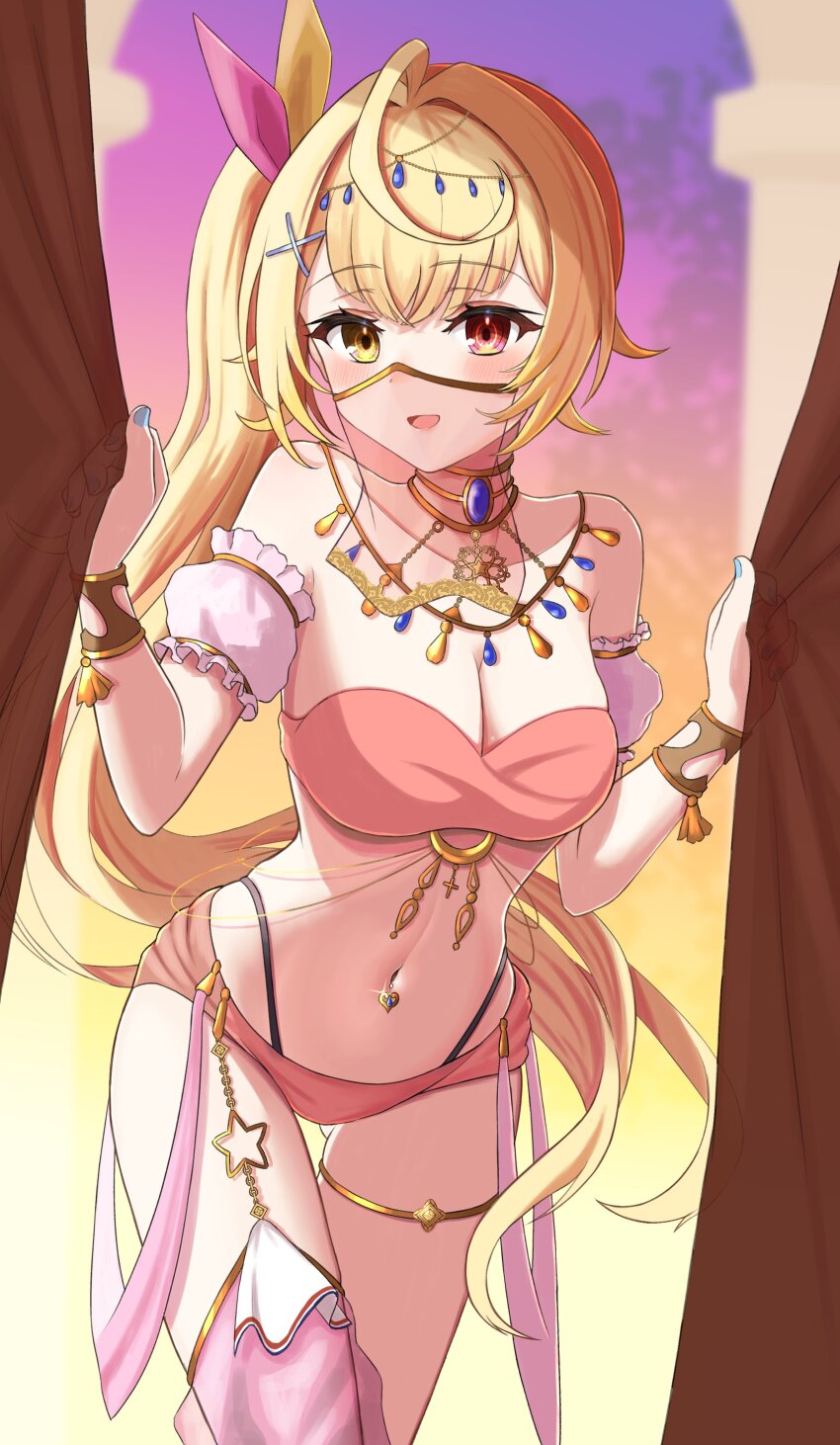 1girl, absurdres, ahoge, arabian_clothes, blonde_hair, blue_gem, blue_nails, bracelet, breasts, cleavage, dancer, emobico, gem, hair_ornament, hairclip, harem_outfit, heterochromia, highres, hoshikawa_sara, jewelry, long_hair, medium_breasts, mouth_veil, nail_polish, navel_piercing, neck_ring, necklace, nijisanji, open_mouth, piercing, red_eyes, side_ponytail, solo, thigh_gap, thighlet, veil, very_long_hair, virtual_youtuber, yellow_eyes