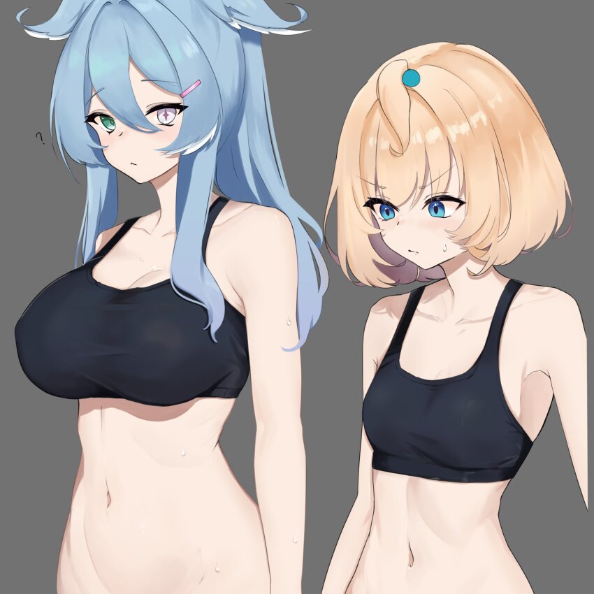 2girls, ?, ahoge, aqua_eyes, black_sports_bra, blonde_hair, blue_eyes, blue_hair