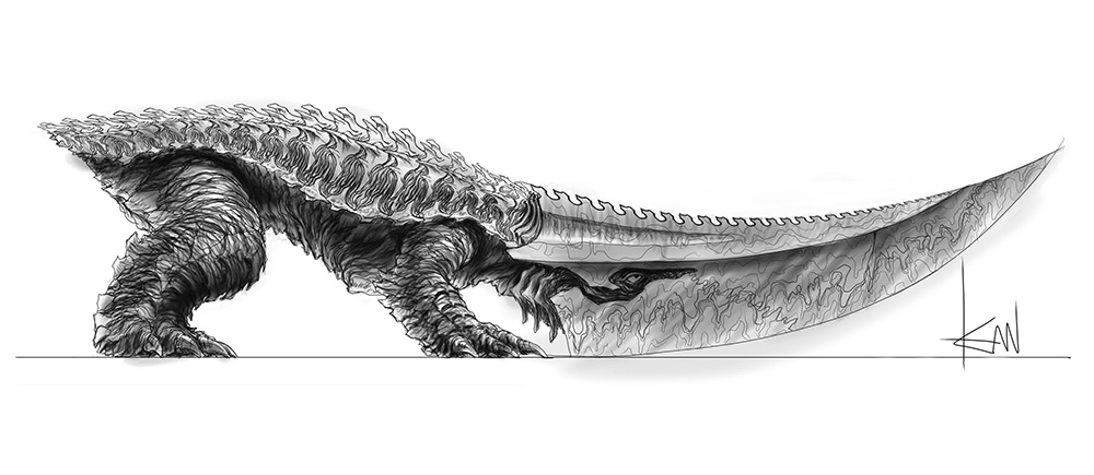 all_fours, concept_art, engi_(animation_studio), full_body, gamera_(series), gamera_-rebirth-, giant, giant_monster, guiron, kadokawa, kaiju, monochrome, monster, no_humans, official_art, promotional_art, short_tail, side_profile, signature, sketch, sword, tail, takahama_kan, weapon