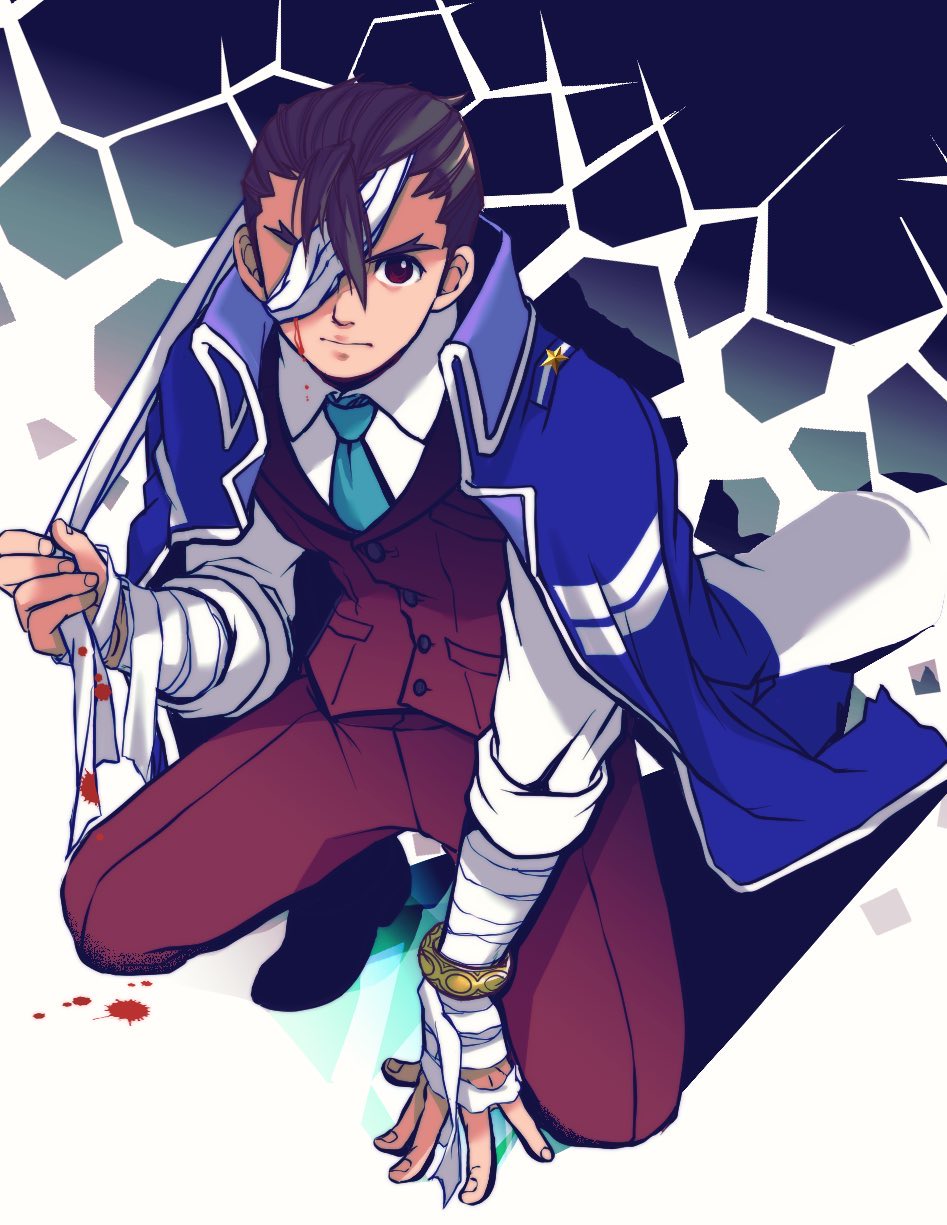 1boy, ace_attorney, apollo_justice, aqua_necktie, bandage_over_one_eye, bandage_pull, bandaged_arm, bandages