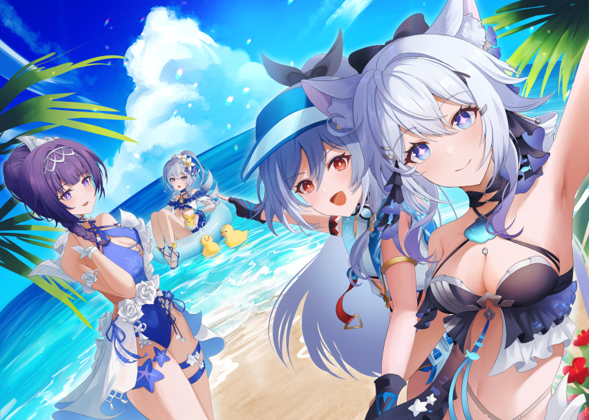 4girls, :d, absurdres, animal_ears, armpits, bare_shoulders, beach, bikini, bird, blue_bikini, blue_eyes, blue_one-piece_swimsuit, blue_sky, bow, breasts, bronya_zaychik, bronya_zaychik_(herrscher_of_truth), bronya_zaychik_(seaside_vibes), cat_ears, cleavage, closed_mouth, cloud, cloudy_sky, day, flower, gloves, grey_eyes, grey_hair, hair_between_eyes, hair_ornament, herrscher_of_sentience, herrscher_of_sentience_(ooh!_summer!), highres, homu_(honkai_impact), honkai_(series), honkai_impact_3rd, kiana_kaslana, kiana_kaslana_(herrscher_of_finality), kiana_kaslana_(selenic_ripples), long_hair, looking_at_viewer, medium_breasts, multiple_girls, ocean, one-piece_swimsuit, open_mouth, outdoors, palm_tree, ponytail, purple_eyes, purple_hair, raiden_mei, raiden_mei_(crooning_tides), raiden_mei_(herrscher_of_origin), red_eyes, sand, selfie, sinonomemikann, sky, smile, swimsuit, tree, visor_cap, water, white_flower, white_hair