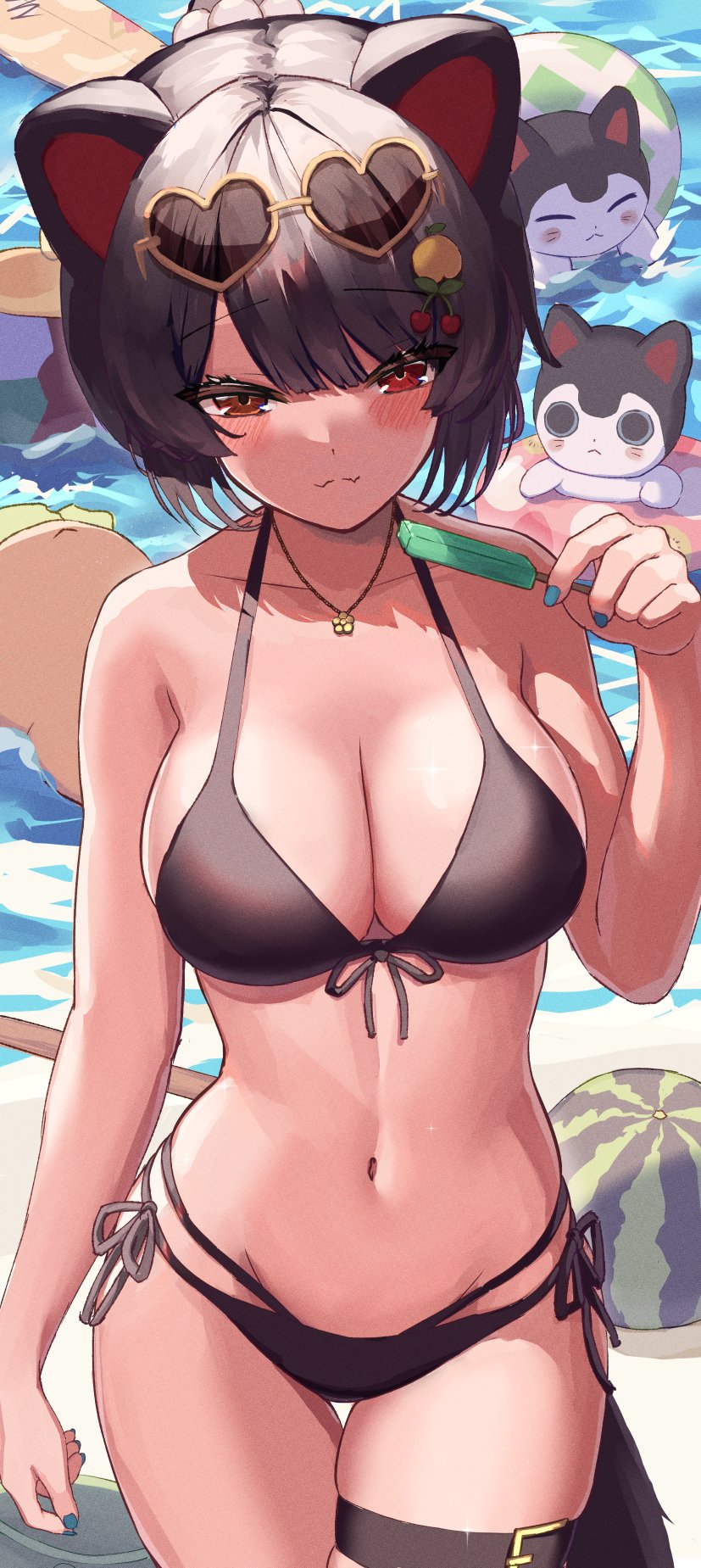 1girl, ami_no_fuda, animal_ears, bikini, black_bikini, blue_nails, breasts, brown_hair