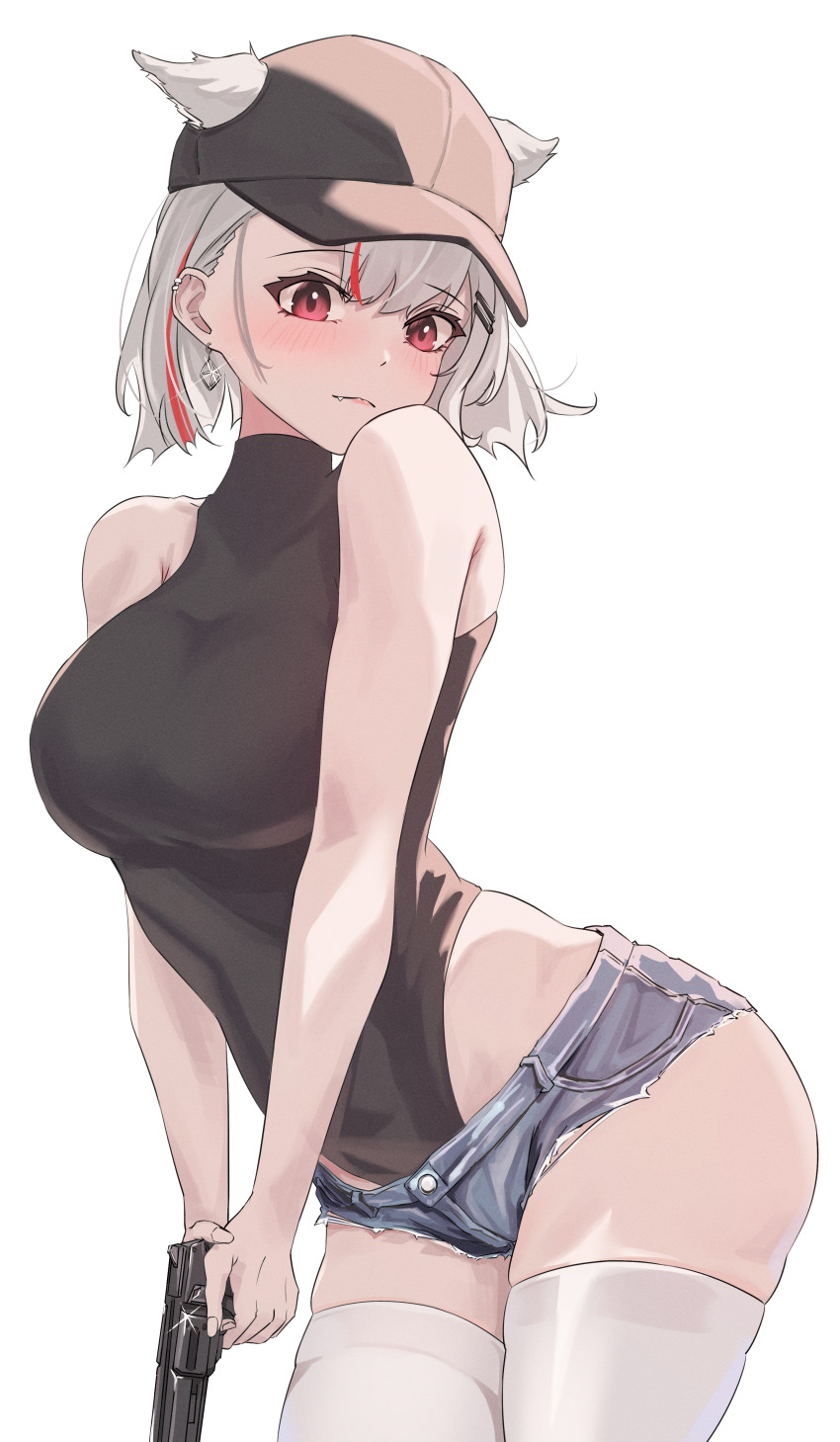 1girl, absurdres, animal_ears, arched_back, bare_arms, baseball_cap, black_hat, black_leotard