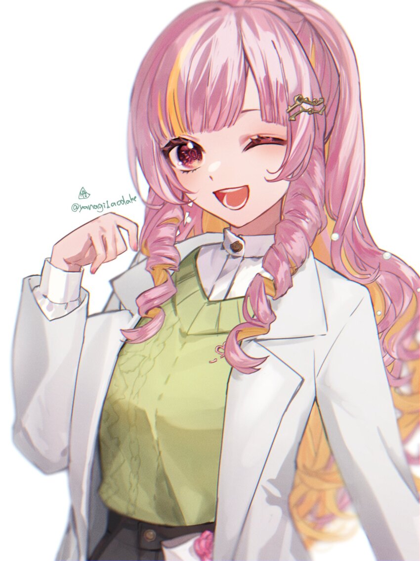 1girl, ;d, blonde_hair, drill_hair, drill_sidelocks, green_sweater_vest, highres, jacket, long_hair, multicolored_hair, nijisanji, nijisanji_en, official_alternate_costume, one_eye_closed, open_mouth, pink_hair, red_eyes, rosemi_lovelock, rosemi_lovelock_(fall_casual), sidelocks, smile, solo, streaked_hair, sweater_vest, virtual_youtuber, white_jacket, yanagi_(yanagi1aodake)