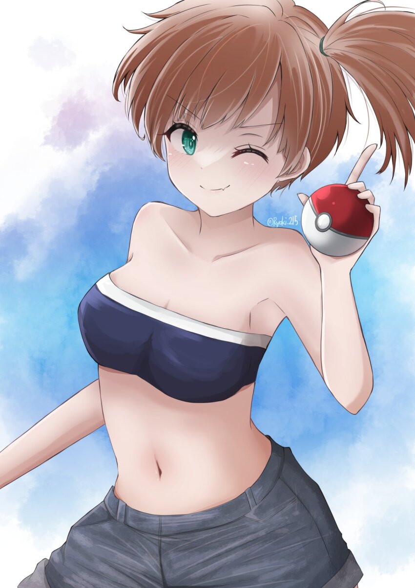 1girl, armpits, asymmetrical_hair, blush, breasts, denim, denim_shorts, gym_leader, hair_tie, highres, holding, holding_poke_ball, legs, medium_breasts, misty_(pokemon), navel, nintendo, one_eye_closed, orange_hair, poke_ball, poke_ball_(generic), pokemon, pokemon_adventures, ponytail, ryouki_(ryoki_215), shirt, short_hair, short_shorts, shorts, side_ponytail, sleeveless, smile, wink