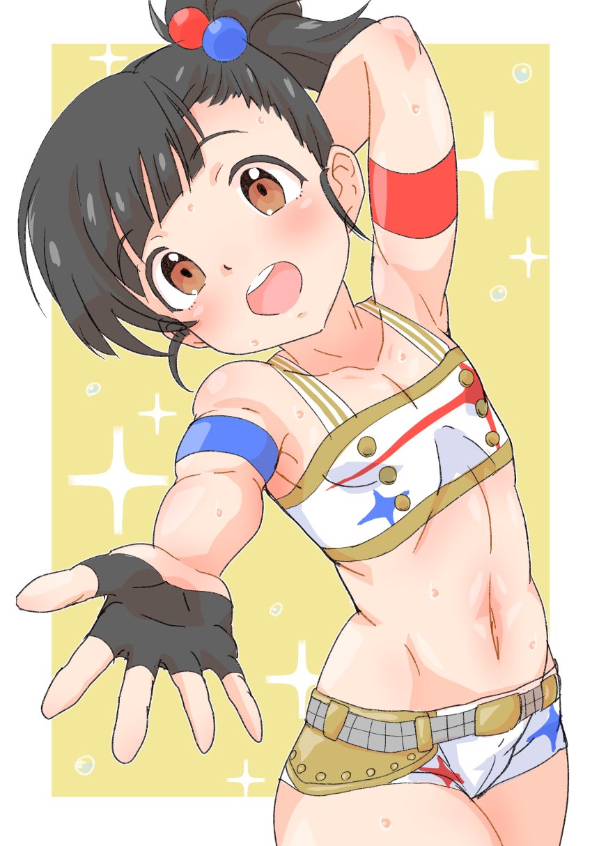 1girl, arm_up, armband, armpits, beika1677, belt, black_gloves, black_hair