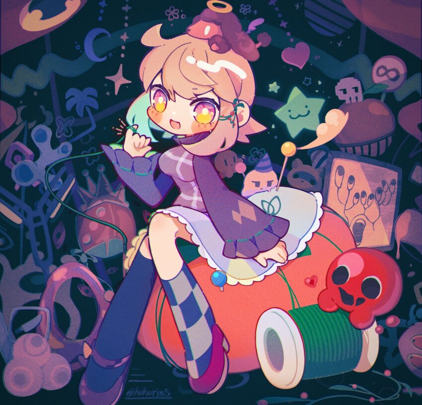 1girl, blonde_hair, heart, highres, kekorin5, monster, pink_out, short_hair, sitting, thread, urotsuki, yume_2kki