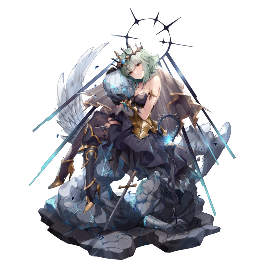 1girl, alternate_universe, angel_statue, angel_wings, armor, armored_boots, armored_dress, artist_request, bare_shoulders, black_dress, black_gloves, black_thighhighs, black_veil, blunt_bangs, boots, breasts, broken_statue, cane, catherine_(eversoul), cross, crown, dark_halo, dress, empty_eyes, eversoul, faulds, frilled_dress, frills, full_body, game_cg, gloves, greaves, greek_cross, green_hair, halo, high_heel_boots, high_heels, holding, jewelry, looking_at_viewer, medium_breasts, official_alternate_costume, official_alternate_hairstyle, official_art, planted, planted_sword, planted_weapon, short_hair, sitting, smile, solo, statue, stiletto_boots, stiletto_heels, strapless, strapless_dress, sword, tachi-e, thighhighs, thorns, transparent_background, veil, weapon, wings