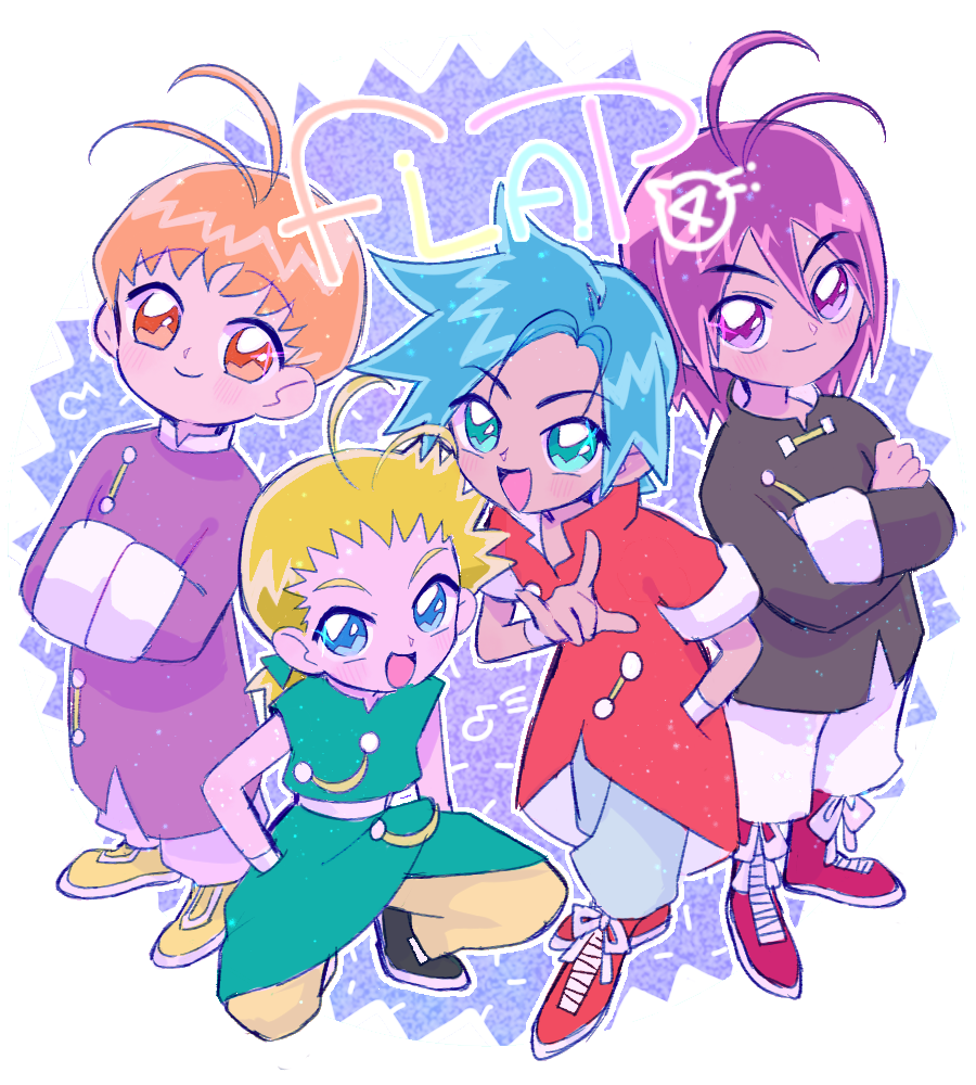 4boys, :d, ahoge, akatsuki_(ojamajo_doremi), antenna_hair, black_footwear, black_jacket, blonde_hair