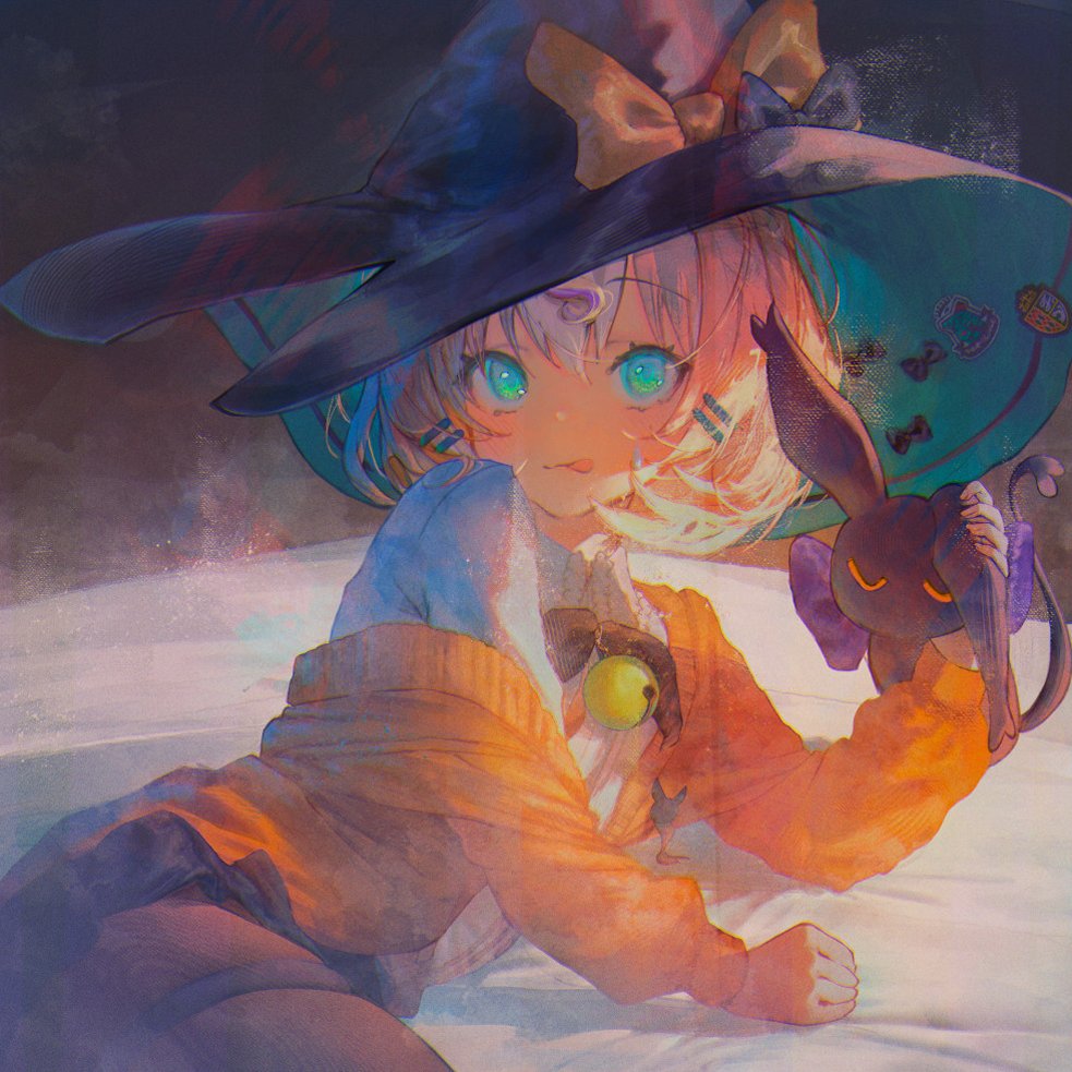 1girl, :p, betanonbeet, black_hat, blonde_hair, blue_eyes, bob_cut, bow