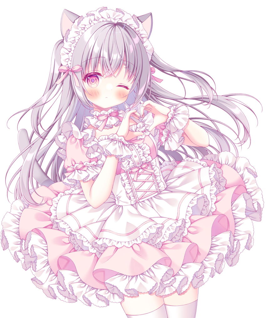 1girl, animal_ears, blush, cat_ears, cat_girl, cat_tail, child, dress, frills, hairband, highres, lolita_fashion, long_hair, one_eye_closed, original, pink_dress, pink_eyes, puu_(kari---ume), tail, uniform, white_background