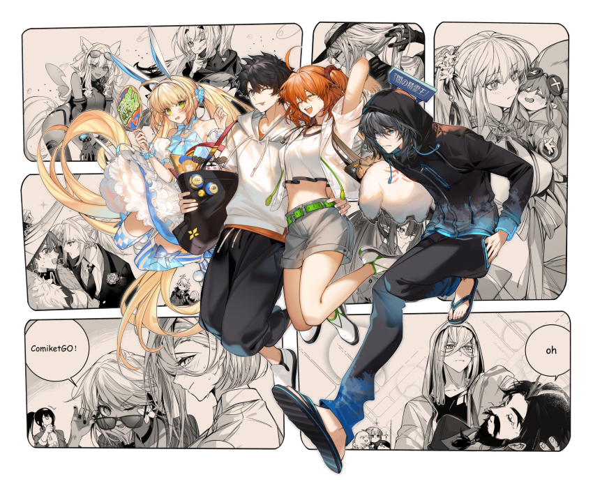ahoge, animal_ears, arlizi, artoria_caster_(fate), artoria_caster_(swimsuit)_(fate), artoria_caster_(swimsuit)_(second_ascension)_(fate), artoria_caster_(swimsuit_berserker)_(second_ascension)_(fate), artoria_pendragon_(fate), asclepius_(fate), asclepius_(summer_rescue)_(fate), bag, baobhan_sith_(fate), baobhan_sith_(swimsuit_pretender)_(second_ascension)_(fate), beard, black_hair, blonde_hair, blush, cernunnos_(fate), chloe_von_einzbern, chloe_von_einzbern_(swimsuit_avenger)_(first_ascension), edward_teach_(fate), edward_teach_(midsummer_gentleman)_(fate), facial_hair, fate/grand_order, fate_(series), flip-flops, florence_nightingale_(fate), flower, fox_ears, fujimaru_ritsuka_(female), fujimaru_ritsuka_(female)_(summer_street), fujimaru_ritsuka_(male), fujimaru_ritsuka_(male)_(summer_street), glasses, grey_hair, grey_shorts, habetrot_(fate), hair_flower, hair_ornament, hand_fan, hand_in_pocket, hat, highres, hood, hoodie, hug, huyan_zhuo_(fate), huyan_zhuo_(heartbeat_iron_clubs)_(fate), james_moriarty_(ruler)_(fate), manga_(object), melusine_(fate), melusine_(swimsuit_ruler)_(fate), melusine_(swimsuit_ruler)_(first_ascension)_(fate), midriff, miss_crane_(fate), miss_crane_(second_ascension)_(fate), mordred_(fate), mordred_(formal_dress)_(fate), morgan_le_fay_(fate), morgan_le_fay_(water_princess)_(fate), nail_polish, oberon_(fate), oberon_(moody_summer_oberon)_(fate), oberon_(third_ascension)_(fate), one_eye_closed, orange_hair, paracelsus_von_hohenheim_(fate), pointy_ears, ponytail, rabbit_ears, sandals, shopping_bag, shorts, sparkle, stuffed_toy, sunglasses, suzuka_gozen_(fate), suzuka_gozen_(swimsuit_rider)_(fate), suzuka_gozen_(swimsuit_rider)_(first_ascension)_(fate), sweat, tattoo, tezcatlipoca_(fate), tezcatlipoca_(summer_break)_(fate), thighhighs, tongue, tongue_out, vlad_iii_(fate/apocrypha), yan_qing_(chaldea_beach_volleyball)_(fate), yan_qing_(fate), yan_qing_(training_wear)_(fate), zhang_jue_(fate)
