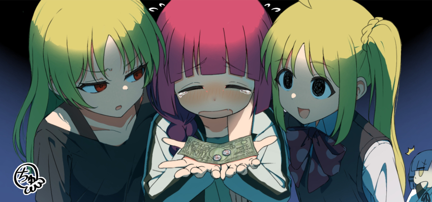 4girls, ahoge, black_dress, blonde_hair, blue_hair, blush, bocchi_the_rock!, bow