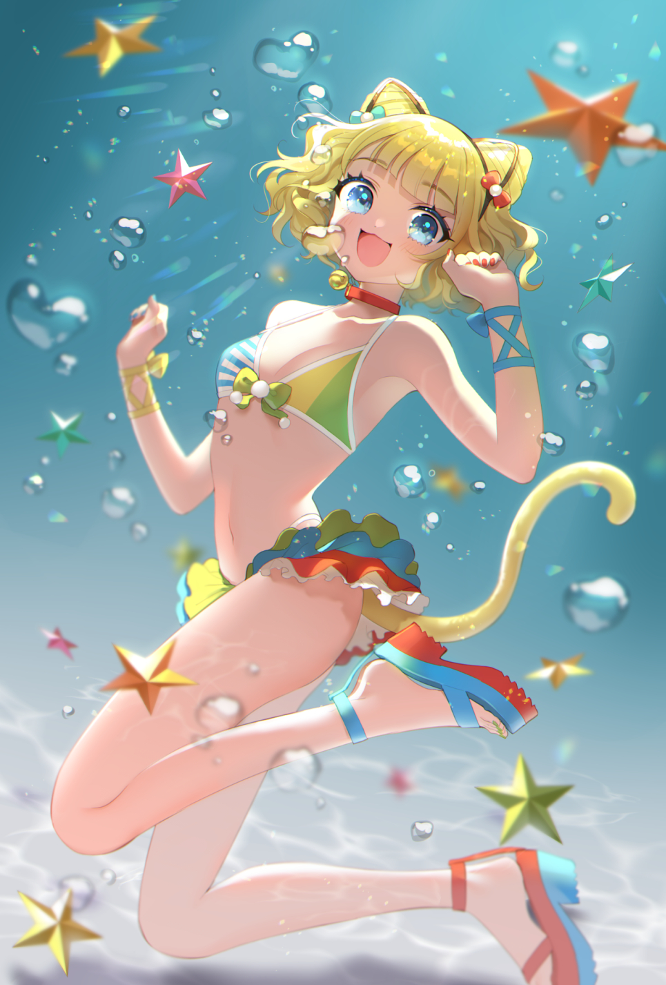 1girl, :d, bikini, bikini_skirt, blonde_hair, blue_bow, blue_eyes, blue_nails, blunt_bangs, blush, bow, breasts, bubble, cat_tail, cone_hair_bun, curly_hair, double_bun, frilled_bikini, frills, full_body, green_bow, green_nails, hair_bow, hair_bun, hairband, hands_up, highres, looking_at_viewer, medium_breasts, minami_mirei, multiple_hair_bows, nail_polish, navel, open_mouth, oshiri_(o4ritarou), outdoors, pretty_series, pripara, red_bow, red_nails, sandals, short_hair, smile, solo, starfish, swimsuit, tail, toenail_polish, toenails, underwater, water