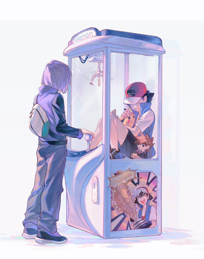 2boys, ash_ketchum, backpack, bag, black_hair, blue_vest, character_doll, commentary