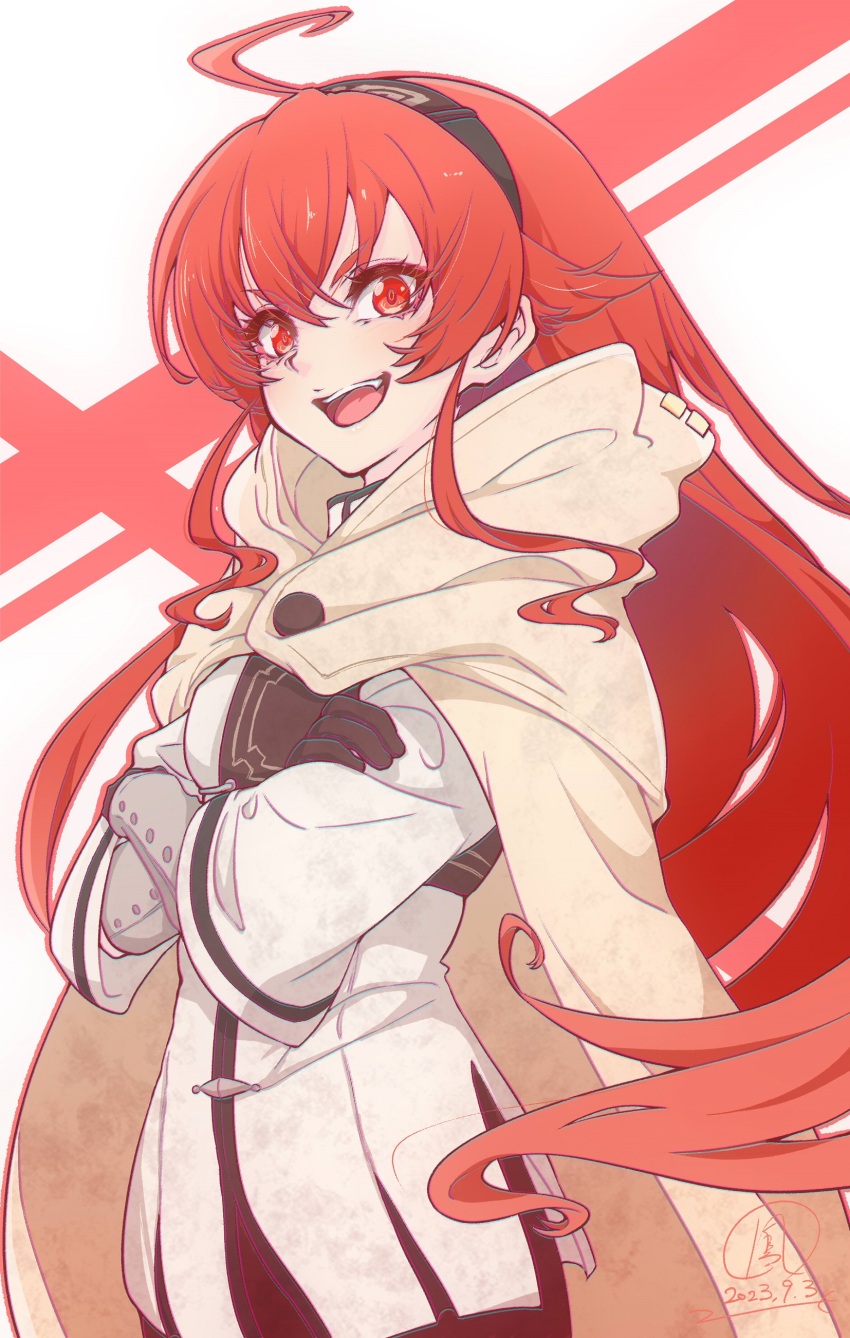 1girl, absurdres, ahoge, black_gloves, black_hairband, cloak, crossed_arms, crossed_bangs