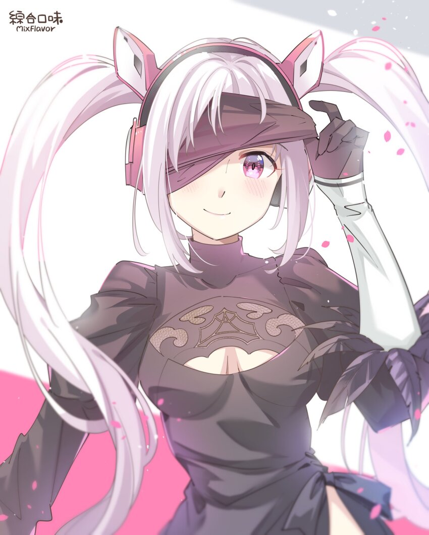 1girl, 2b_(nier:automata), 2b_(nier:automata)_(cosplay), alice_(nikke), animal_ear_headwear, animal_ears, black_dress, black_gloves, black_hairband, blindfold, blindfold_lift, breasts, cleavage_cutout, closed_mouth, clothing_cutout, cosplay, dress, fake_animal_ears, gloves, goddess_of_victory:_nikke, hairband, headphones, highres, juliet_sleeves, long_hair, long_sleeves, mixflavor, nier:automata, nier_(series), pink_eyes, pink_hair, puffy_sleeves, small_breasts, solo, twintails, upper_body