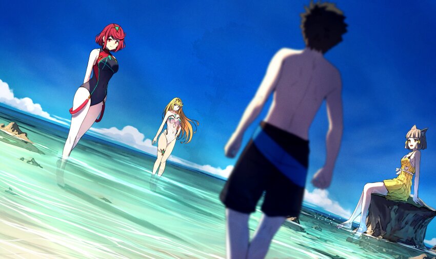 1boy, 3girls, absurdres, animal_ears, beach, blonde_hair, blurry, blurry_foreground