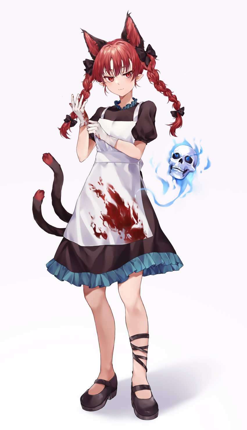 1girl, absurdres, adjusting_clothes, adjusting_gloves, animal_ears, apron, black_bow, black_dress
