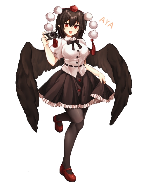 1girl, bird_wings, black_hair, black_pantyhose, black_skirt, black_wings, breasts, camera