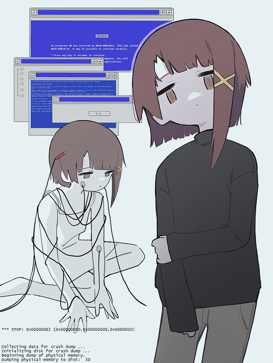 1girl, blank_stare, blue_screen_of_death, blunt_bangs, brown_eyes, brown_hair, camisole, closed_mouth