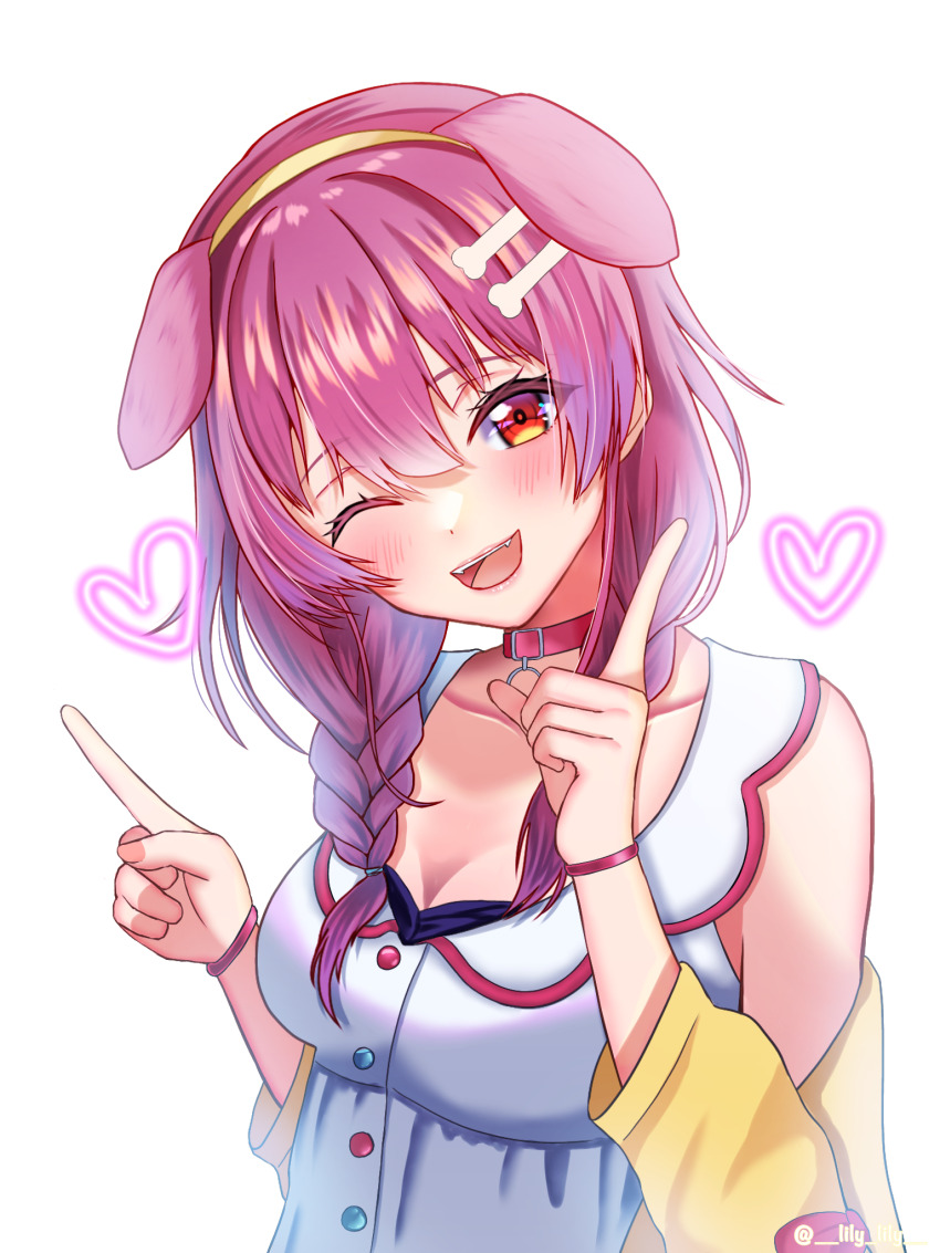 1girl, animal_ears, breasts, cleavage, dog_ears, heart, highres, hololive, inugami_korone, inugami_korone_(1st_costume), lily_lily, long_hair, looking_at_viewer, medium_breasts, one_eye_closed, open_mouth, smile, solo, virtual_youtuber