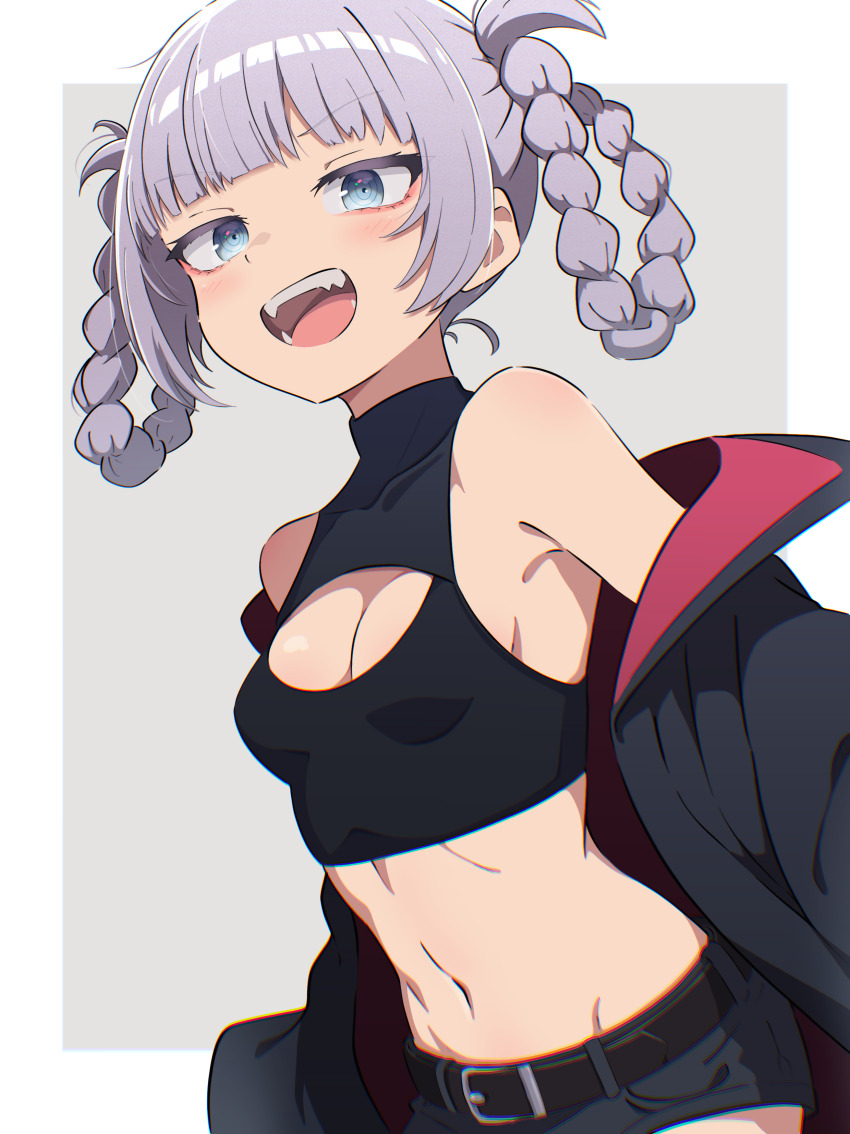1girl, absurdres, bare_shoulders, belt, blue_eyes, blunt_bangs, blush, braid