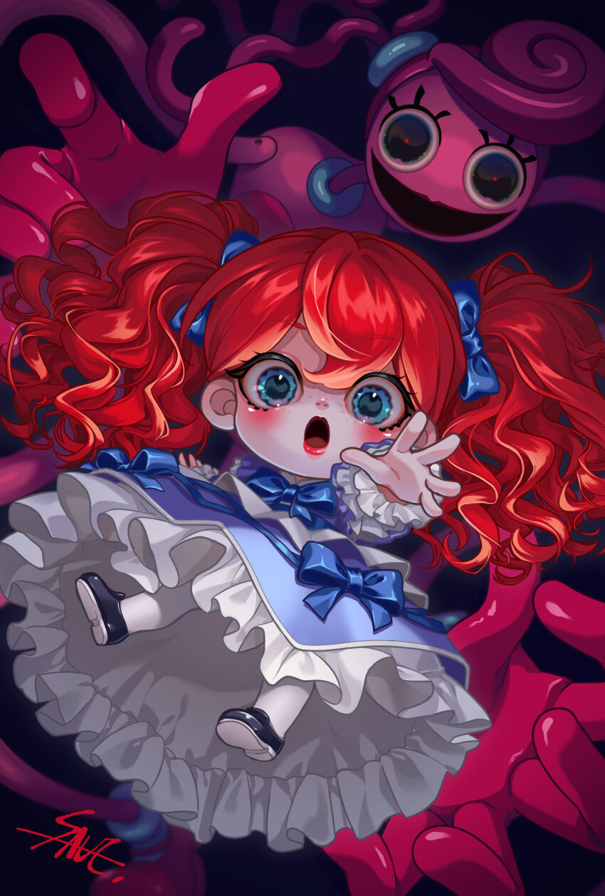 2girls, blue_dress, dress, highres, makeup, mommy_long_legs, multiple_girls, poppy_playtime, poppy_playtime_(character), red_hair, ribbon, twintails