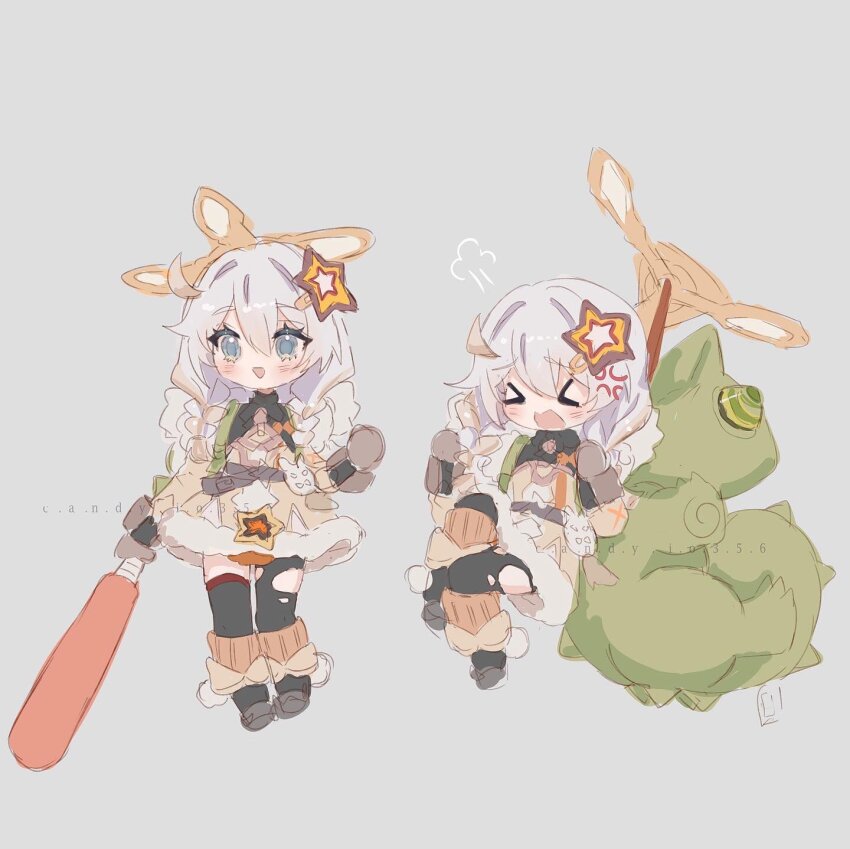 >_<, 1girl, ahoge, anger_vein, animal_bag, baseball_bat, black_footwear, blue_eyes