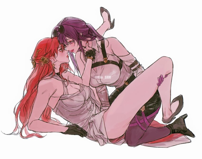 2girls, black_gloves, breasts, eyewear_on_head, gloves, highres, himeko_(honkai:_star_rail), honkai:_star_rail, honkai_(series), kafka_(honkai:_star_rail), kim_srm, large_breasts, long_hair, medium_breasts, multiple_girls, parted_lips, purple_gloves, purple_hair, red_hair, single_glove, twitter_username, yuri