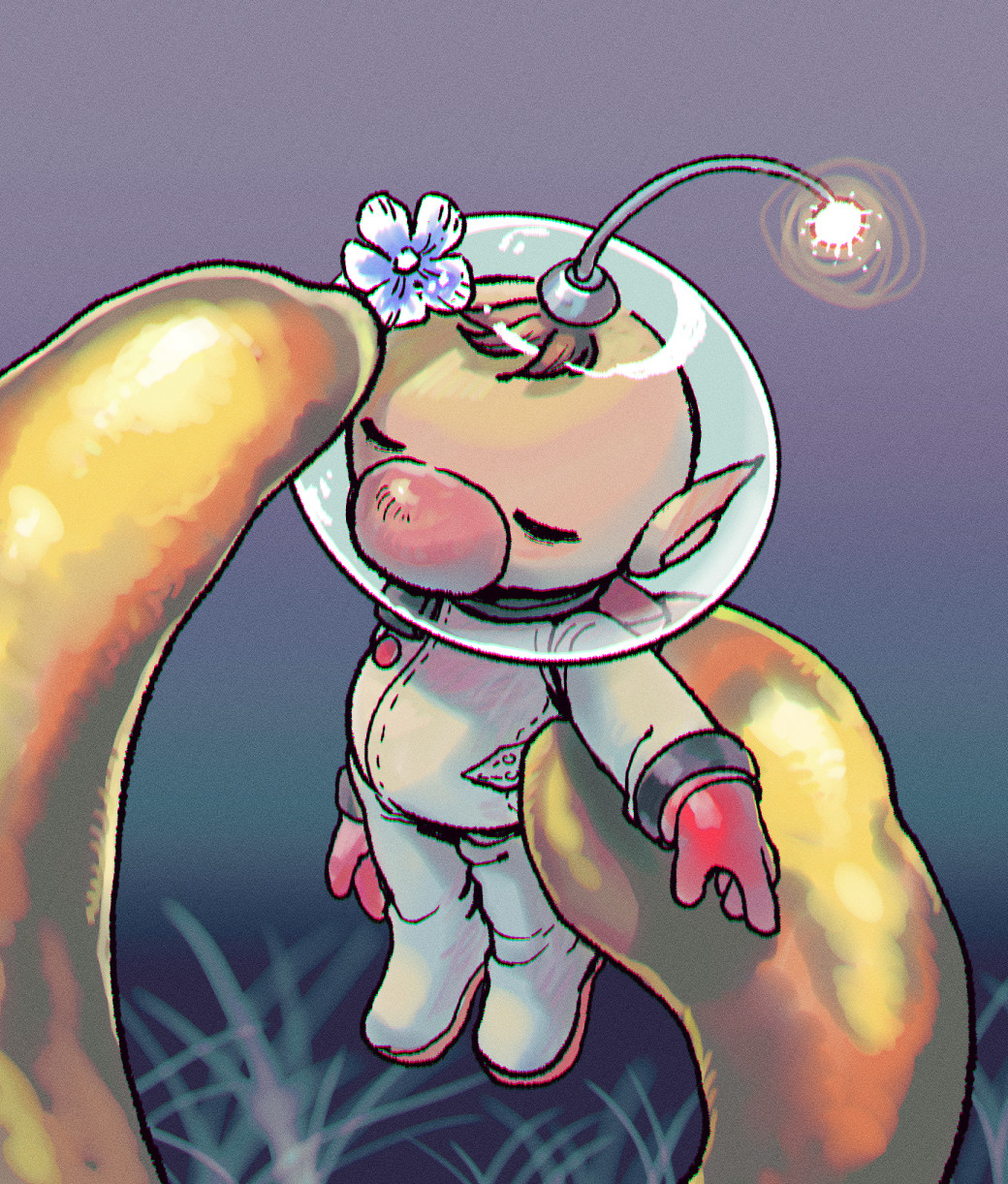 1boy, alien, asaikaina, large_nose, blue_flower, brown_hair, buttons, closed_eyes