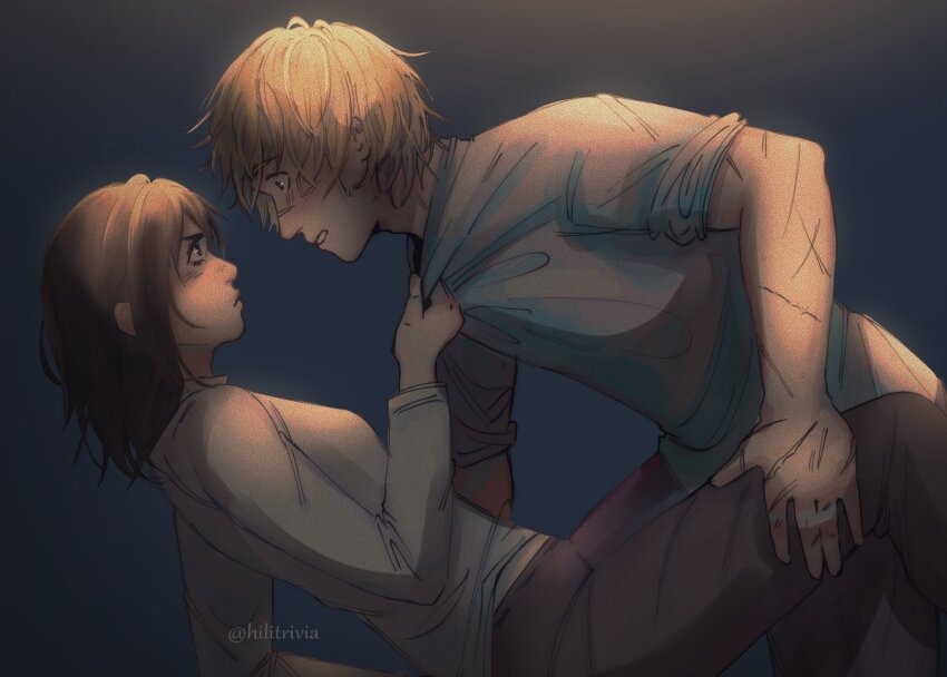 1boy, 1girl, blonde_hair, blush, brown_eyes, brown_hair, closed_mouth, face-to-face