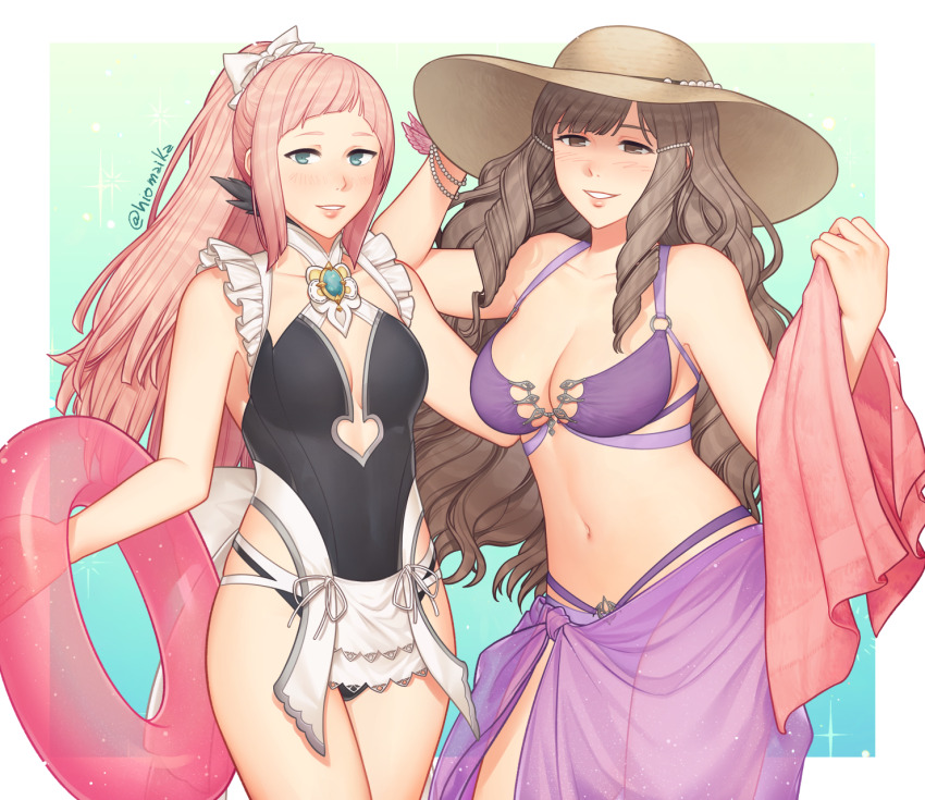 2girls, bare_arms, bare_shoulders, bikini, black_one-piece_swimsuit, breasts, brown_hair, cleavage, commentary, cowboy_shot, felicia_(fire_emblem), fire_emblem, fire_emblem_awakening, fire_emblem_fates, grin, hat, highres, holding, holding_towel, large_breasts, long_hair, looking_at_viewer, medium_breasts, multiple_girls, navel, nintendo, one-piece_swimsuit, pink_hair, ponytail, purple_bikini, sarong, shg_(hiomaika), smile, standing, stomach, sumia_(fire_emblem), sun_hat, swimsuit, thighs, towel, very_long_hair