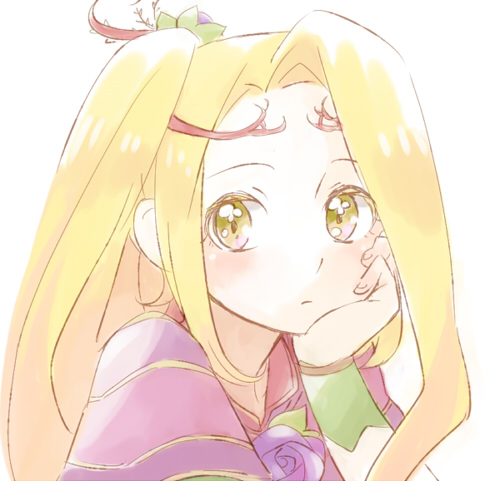 1girl, arm_support, blonde_hair, commentary_request, flower, green_eyes, hair_flower, hair_ornament