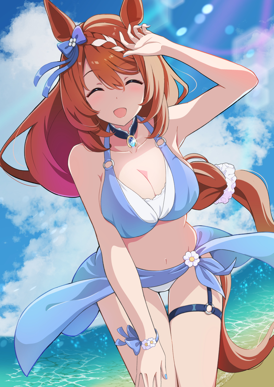 1girl, animal_ears, arm_up, armpits, beach, bikini, blue_bikini, blue_bow