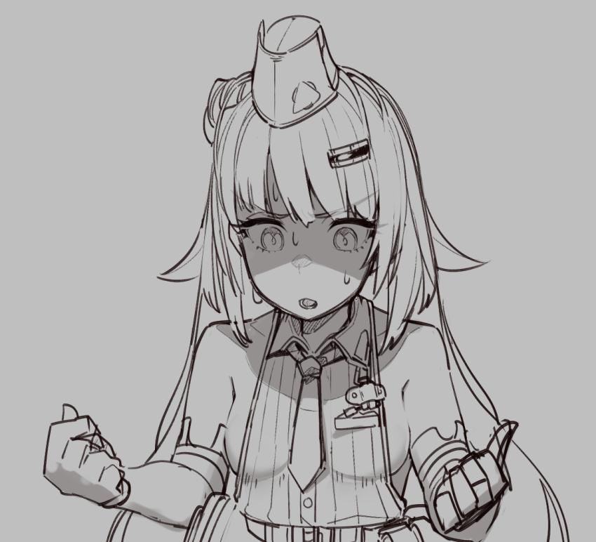 1girl, breasts, brid_(nikke), brid_(nikke)_(cosplay), collared_shirt, cosplay, garrison_cap, gloves, goddess_of_victory:_nikke, hat, long_hair, monochrome, necktie, shirt, short_necktie, sketch, sleeveless, small_breasts, soline_(nikke), solo, sweatdrop, tenbin_gashira