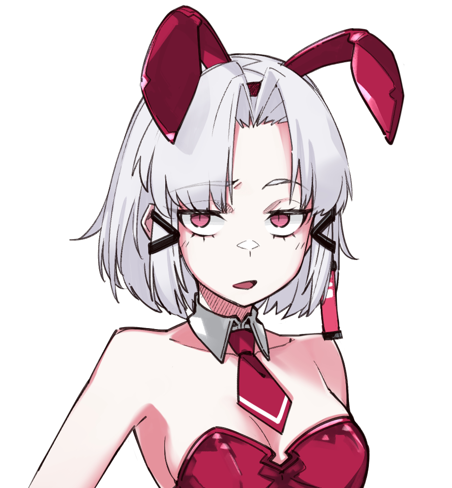 1girl, animal_ears, bare_shoulders, breasts, cleavage, collarbone, drake_(nikke), fake_animal_ears, goddess_of_victory:_nikke, hair_ornament, hairclip, leotard, medium_breasts, open_mouth, playboy_bunny, rabbit_ears, red_eyes, red_leotard, simple_background, solo, strapless, strapless_leotard, tenbin_gashira, white_background, white_hair