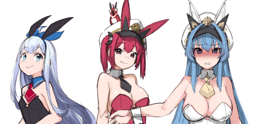 3girls, anchor_(nikke), animal, animal_ears, ascot, bare_shoulders, bird, black_ascot