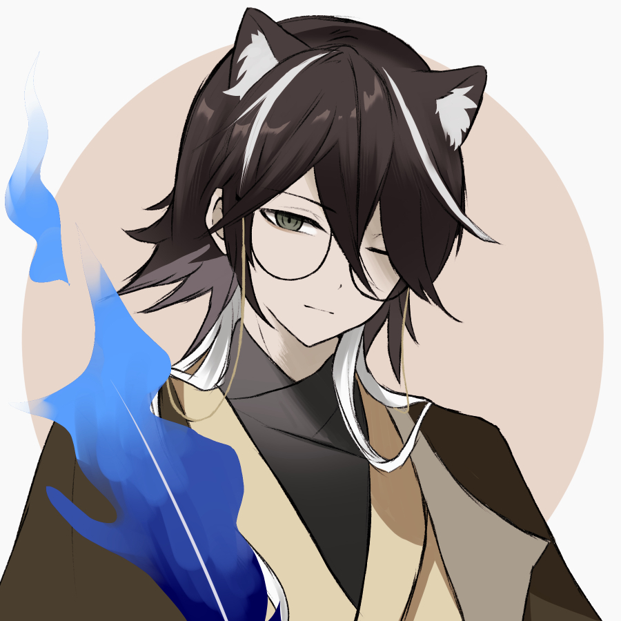 1boy, animal_ear_fluff, animal_ears, arknights, black-framed_eyewear, black_hair, black_kimono, blue_fire
