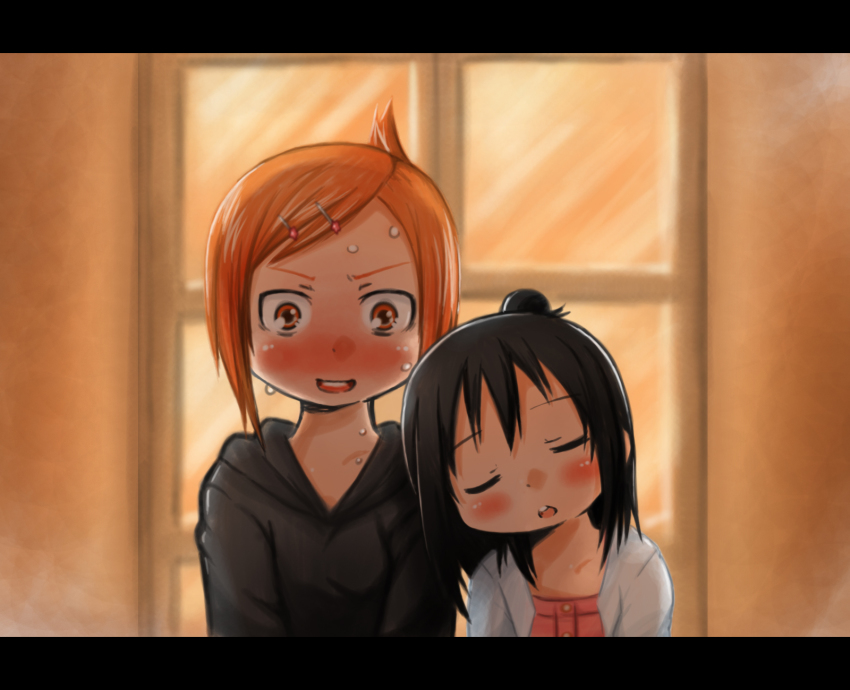 2girls, black_hair, blush, denki_(digi6598), hair_bun, hair_ornament, hairclip, highres, letterboxed, marui_hitoha, mitsudomoe_(manga), miyashita, multiple_girls, orange_eyes, orange_hair, short_hair, single_hair_bun, sleeping