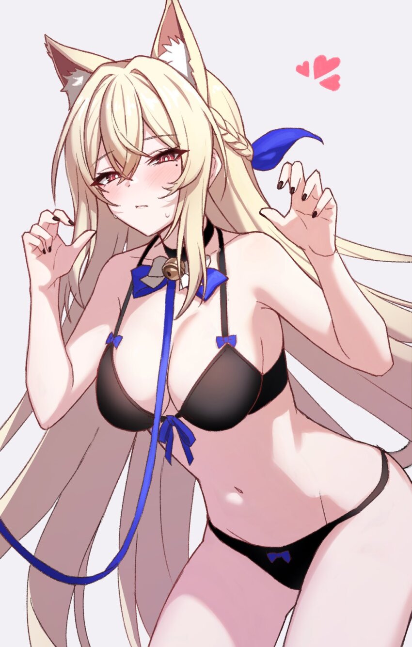 1girl, animal_ear_fluff, animal_ears, bare_arms, bare_shoulders, bell, bikini, black_bikini, black_nails, blonde_hair, blush, braid, breasts, cat_ears, cat_girl, cat_tail, character_request, check_character, claw_pose, cleavage, collar, counter:side, cowboy_shot, crossed_bangs, ecclesia_(counter:side), french_braid, groin, hair_between_eyes, half-closed_eyes, halterneck, hands_up, heart, highres, leaning_forward, leash, ll_0109, long_hair, looking_at_viewer, medium_breasts, mole, mole_under_eye, mors_(counter:side), nail_polish, navel, neck_bell, red_eyes, simple_background, solo, standing, sweatdrop, swimsuit, tail, white_background
