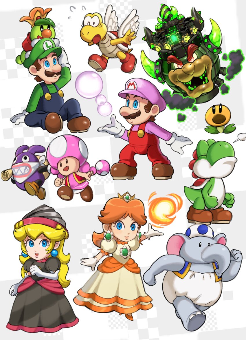 3boys, 5boys, absurdres, blonde_hair, blue_eyes, blue_toad_(mario), bowser, brooch, brothers, brown_hair, bubble, bubble_mario, castle, castle_bowser, crown, dinosaur, dress, drill, drill_peach, earrings, elephant, elephant_toad, elephant_toad_(mario), facial_hair, fire, fire_daisy, flower_brooch, flower_earrings, gloves, grin, hat, highres, horns, jewelry, koopa_paratroopa, long_hair, looking_at_viewer, luigi, mario, mario_(series), multiple_boys, mustache, nabbit, nintendo, overalls, power-up, prince_florian, princess_daisy, princess_peach, puffy_short_sleeves, puffy_sleeves, running, sasaki_sakiko, shell, short_sleeves, siblings, smile, super_mario_bros._wonder, talking_flower_(mario), toad_(mario), toadette, wings, yoshi