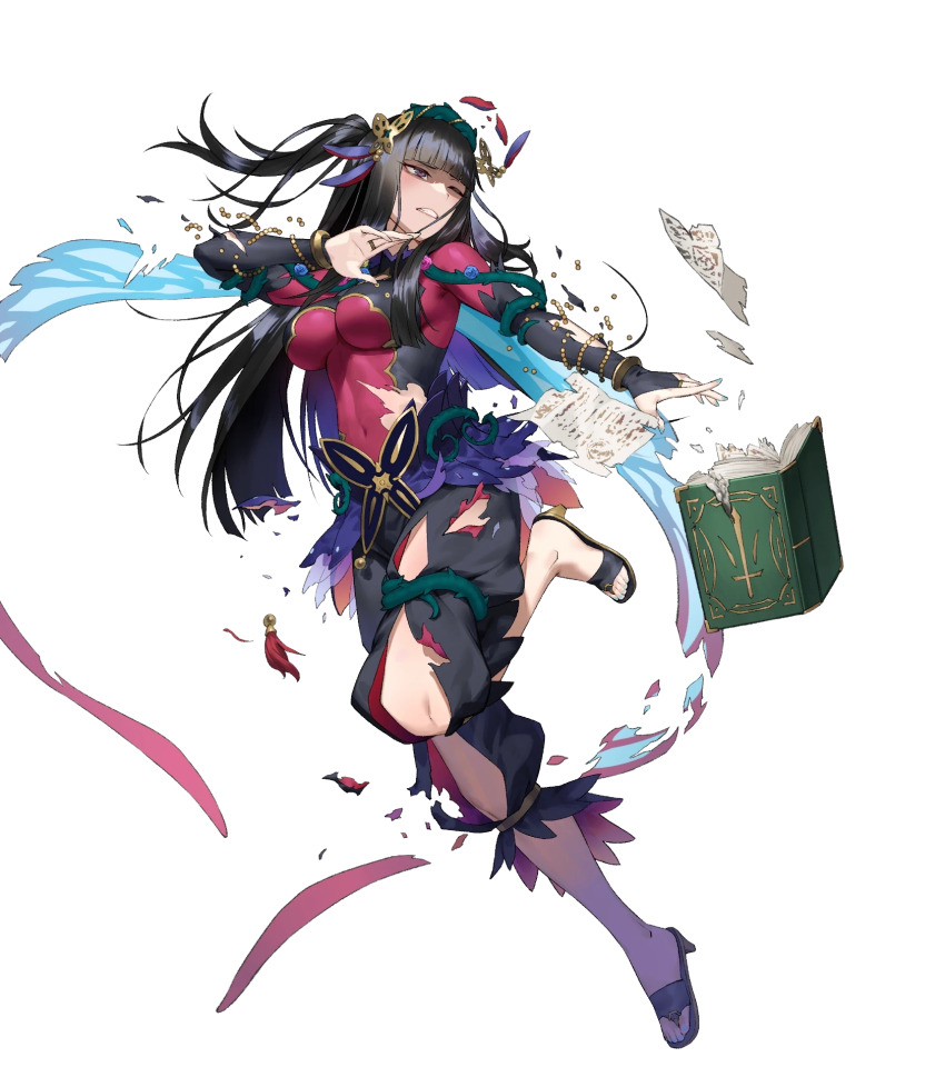 1girl, adapted_costume, alternate_costume, black_hair, book, breasts, bridal_gauntlets, chyko, fairy_wings, feet, fire_emblem, fire_emblem_fates, fire_emblem_heroes, floating, floating_object, full_body, gold_trim, gradient_clothes, hair_ornament, high_heel_sandals, high_heels, highres, leg_up, legs, long_hair, long_sleeves, medium_breasts, nail_polish, nintendo, non-web_source, official_art, one_eye_closed, pants, parted_lips, plant, purple_eyes, rhajat_(fire_emblem), rhajat_(resplendent)_(fire_emblem), sandals, short_twintails, solo, thorns, toenail_polish, toenails, toes, torn_book, torn_clothes, torn_paper, torn_sleeves, transparent_background, twintails, vines, wings
