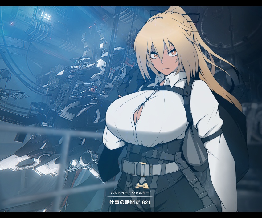 1girl, absurdres, armored_core, armored_core_vi:_fires_of_rubicon, belt, blonde_hair, breasts, closed_mouth, collared_shirt, commentary_request, genderswap, genderswap_(mtf), handler_walter, handler_walter_(armored_core_6), highres, large_breasts, long_hair, long_sleeves, looking_at_viewer, mecha, nuuuuuusi06, robot, shirt, solo, tan, translation_request, white_shirt, yellow_eyes