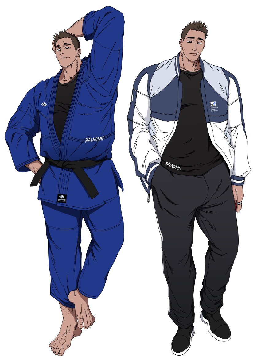 1boy, :q, absurdres, arm_hair, balnom, bara, barefoot, dark-skinned_male