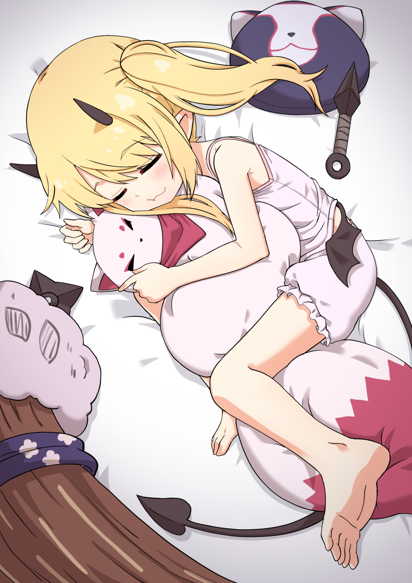 1girl, 9-san, absurdres, alternate_costume, alternate_hairstyle, bed, bed_sheet, blonde_hair