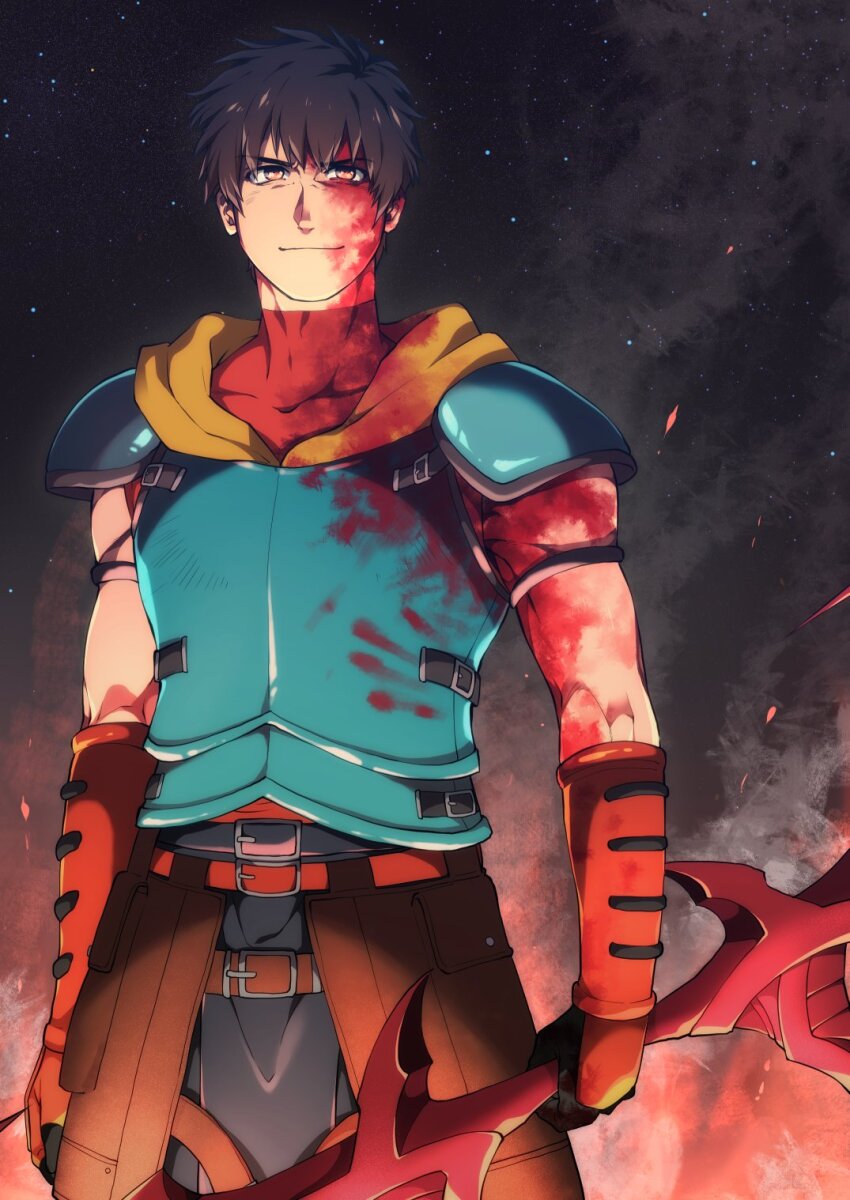 1boy, arash_(fate), armor, belt, black_belt, black_hair, blood, blood_on_arm