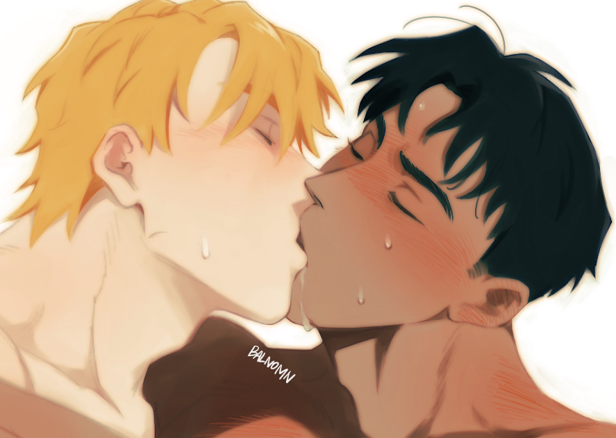 2boys, balnom, bara, close-up, closed_eyes, couple, dark-skinned_male, dark_skin